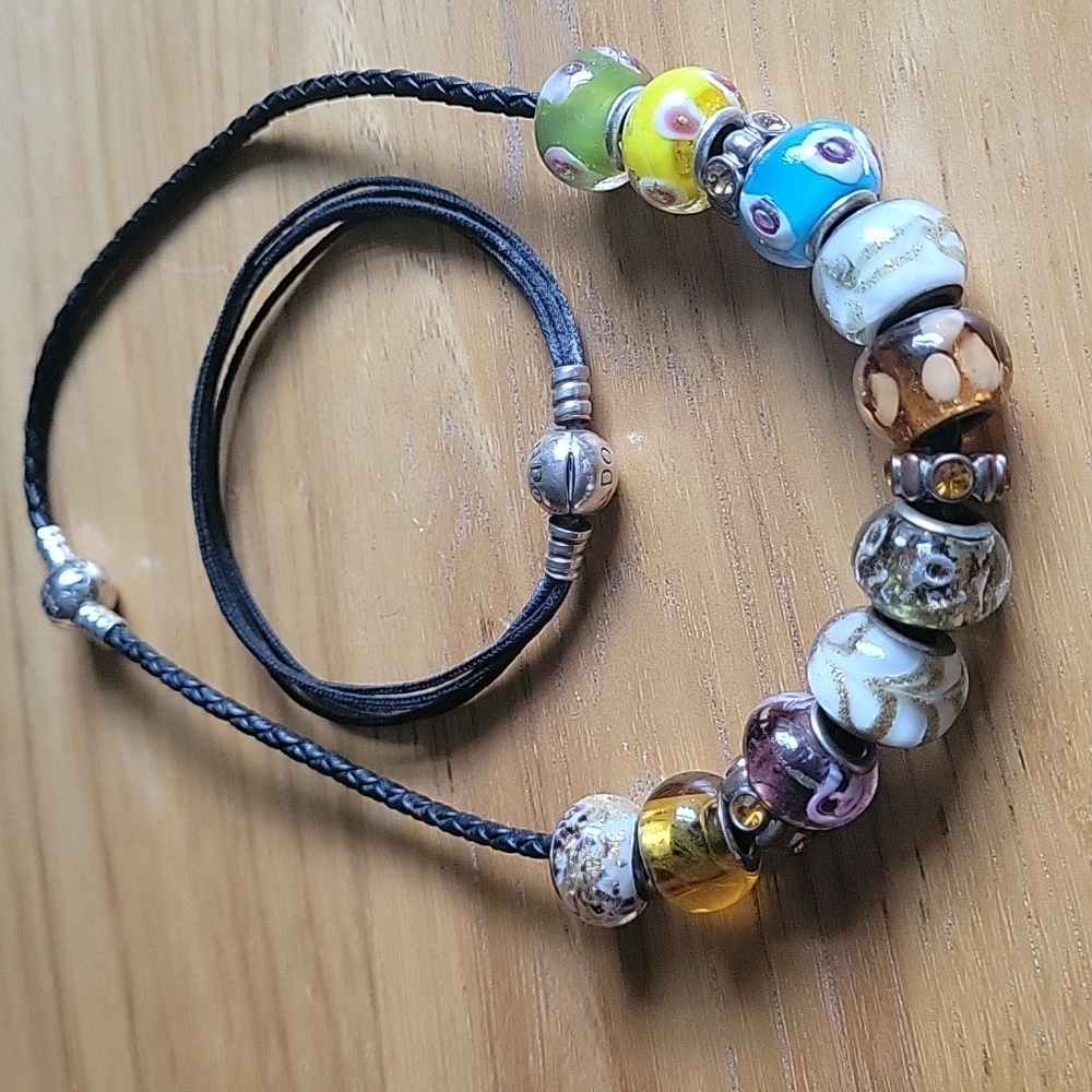 Pandora Black Leather cord necklace with beads.